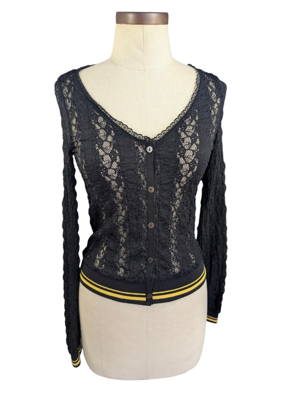 Envi sheer lace, v-neck button up cardigan with yellow Varsity stripes. Size 10.